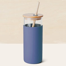Glass/Bamboo Water Bottle with Straws Slate Blue